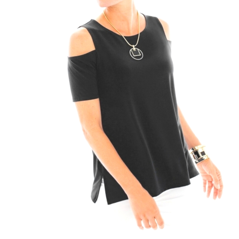 Chico's Travelers (Size 1/M/8) Black Stretch Classic Cold Shoulder Tunic Blouse